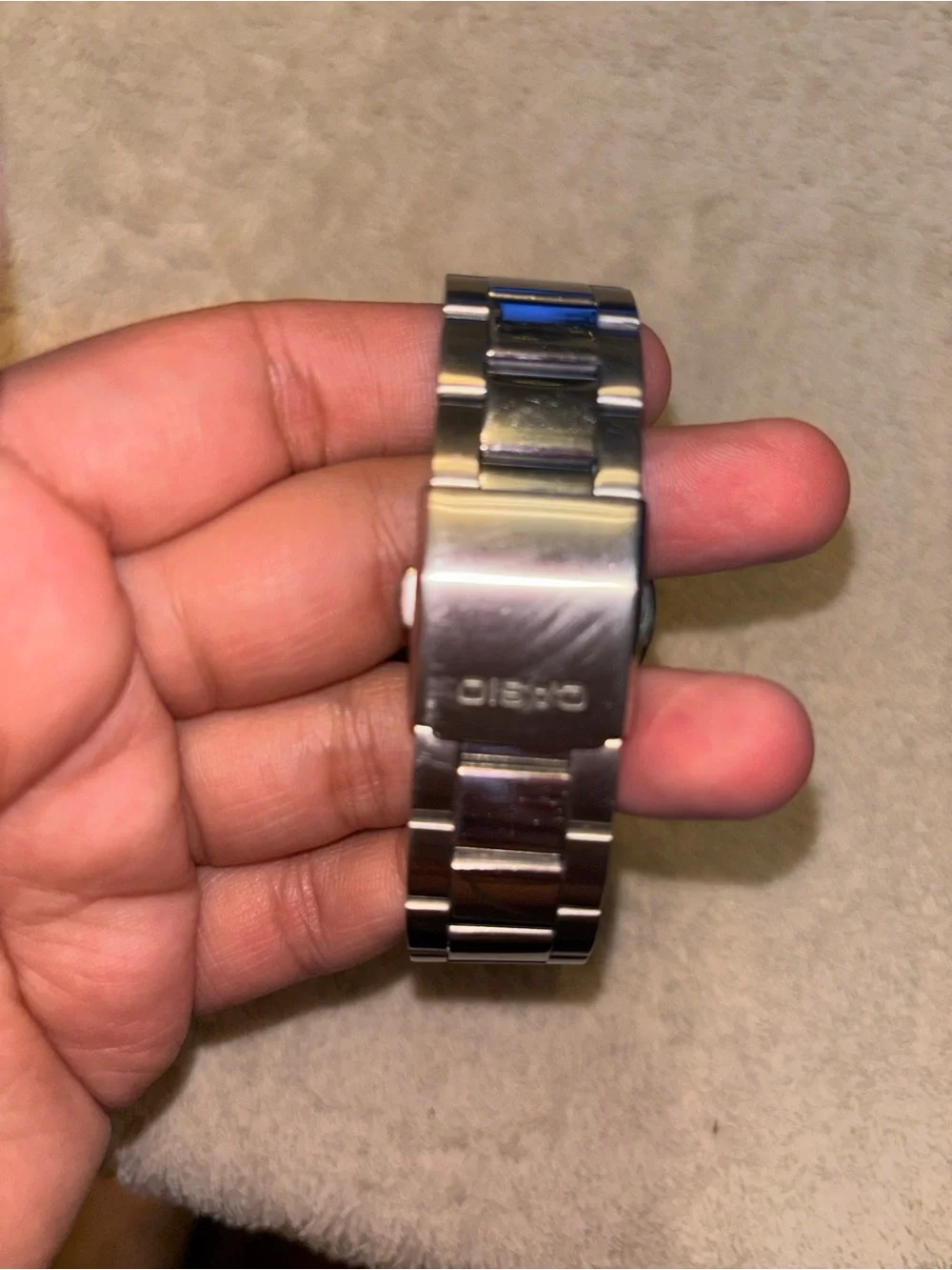 Casio Men's Black Dial Silver Stainless Steel Watch with Orange Accents